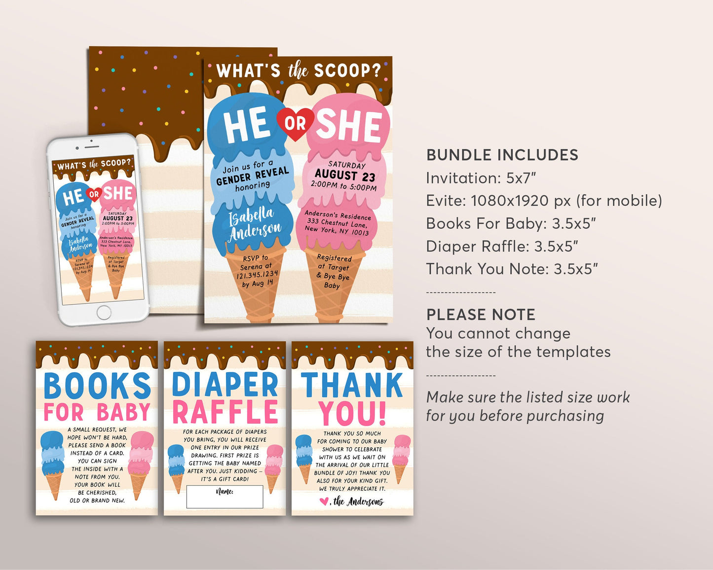Ice Cream Gender Reveal Baby Shower Invitation BUNDLE Suite Set Editable Template, Boy Or Girl Invite, Book Request Diaper Raffle Thank You