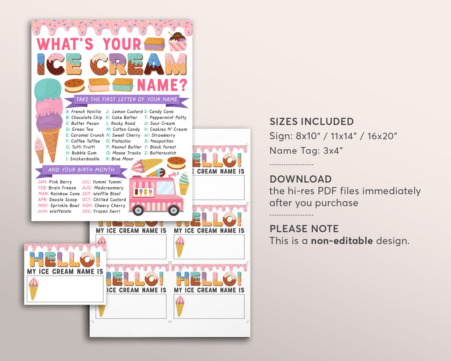 Whats Your Ice Cream Name Game, Ice Cream Name Sign Printable, Girl Summer Birthday Party Games Poster Decor, Ice Cream Name Tag Activity