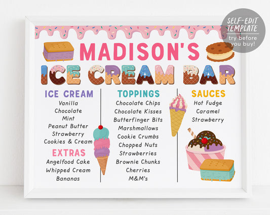 Ice Cream Birthday Menu Sign Editable Template, Girl Birthday Summer Party Decorations Poster, Bridal Shower Baby Shower Decor Printable