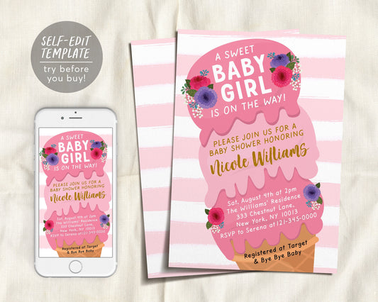 It's A Baby Girl Ice Cream Baby Shower Invitation Editable Template, Here's the Scoop Sprinkle Ice Cream Floral Invite Sweet Baby Girl Blush