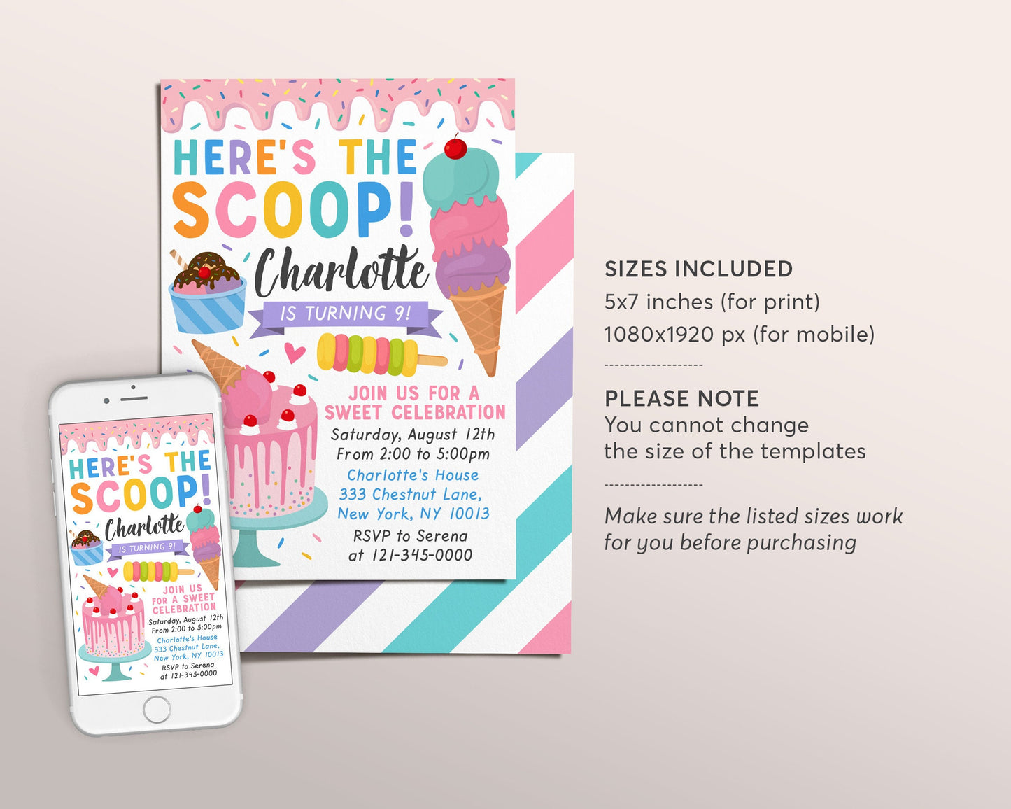 Ice Cream Birthday Party Invitation Editable Template, Ice Cream Cone Cake Sweet One Summer Invite, Birthday Girl Pink Blush Evite