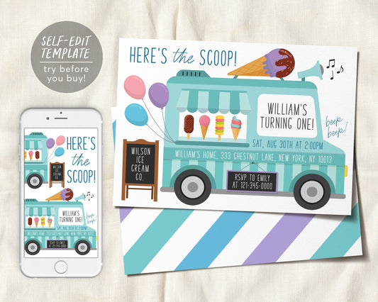 Ice Cream Truck Invitation Editable Template, Here's The Scoop Ice Cream Cart Birthday Party, Any Age Sweet One Summer Boy Unisex Invite