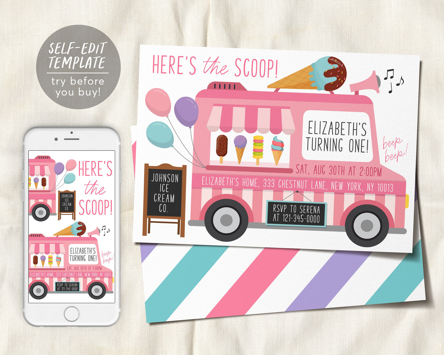 Ice Cream Truck Invitation Editable Template, Here's The Scoop Ice Cream Cart Birthday Party, Any Age Sweet One Summer Girl Blush Invite