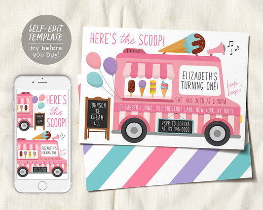 Ice Cream Truck Invitation Editable Template, Here's The Scoop Ice Cream Cart Birthday Party, Any Age Sweet One Summer Girl Blush Invite