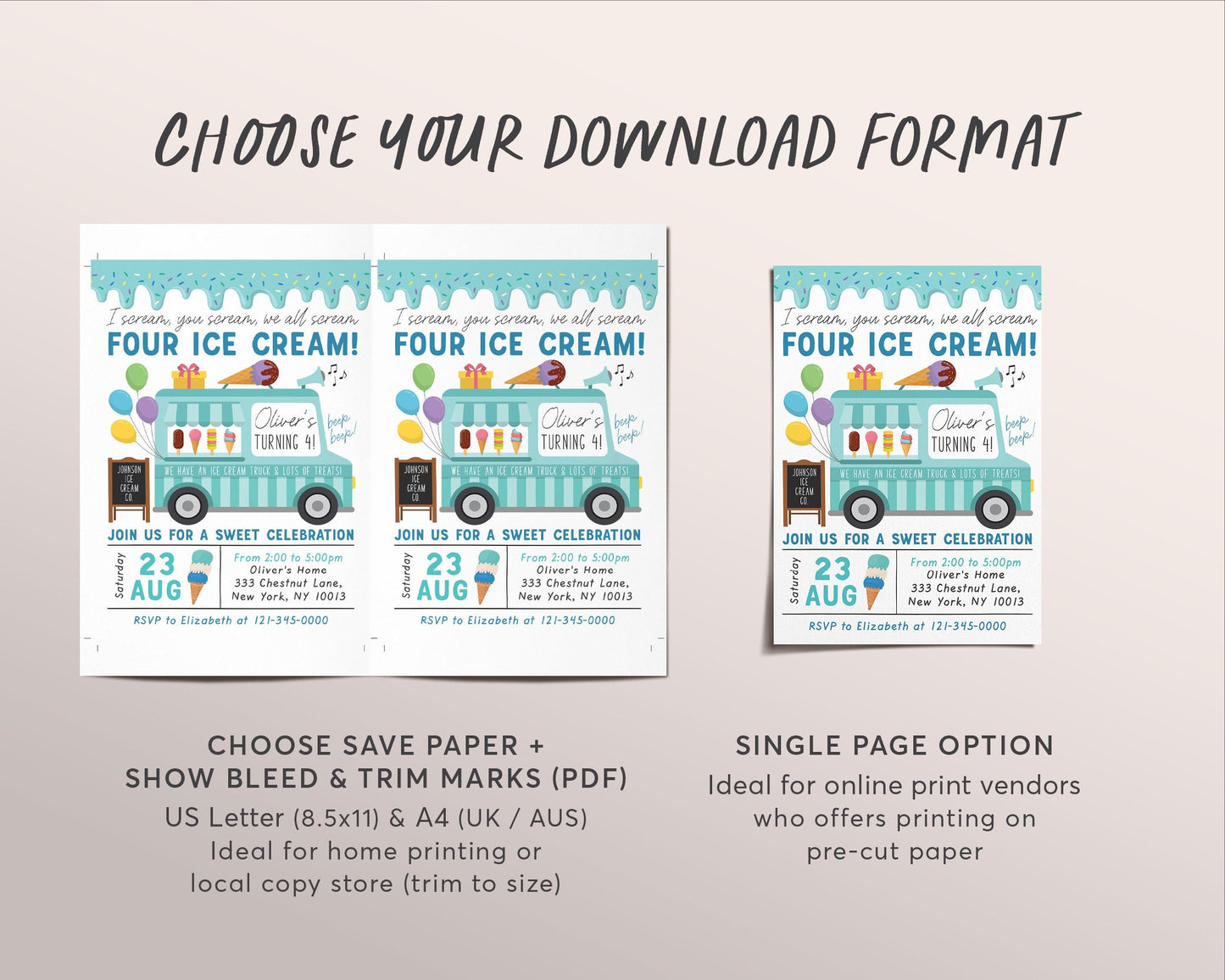 Ice Cream Truck Invitation Editable Template, I Scream You Scream We All Scream Four Ice Cream 4th Birthday Party, Unisex Boy Invite Evite