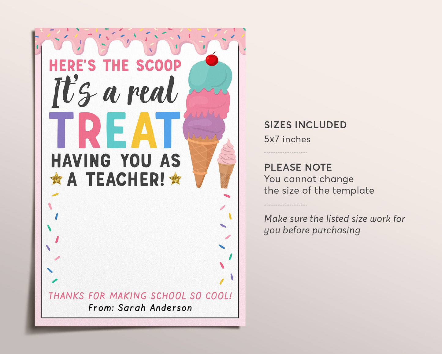 Teacher Appreciation Gift Card Holder Editable Template, Ice Cream Gift Card, Popsicle Summer School PTO PTA Last Day of School Student