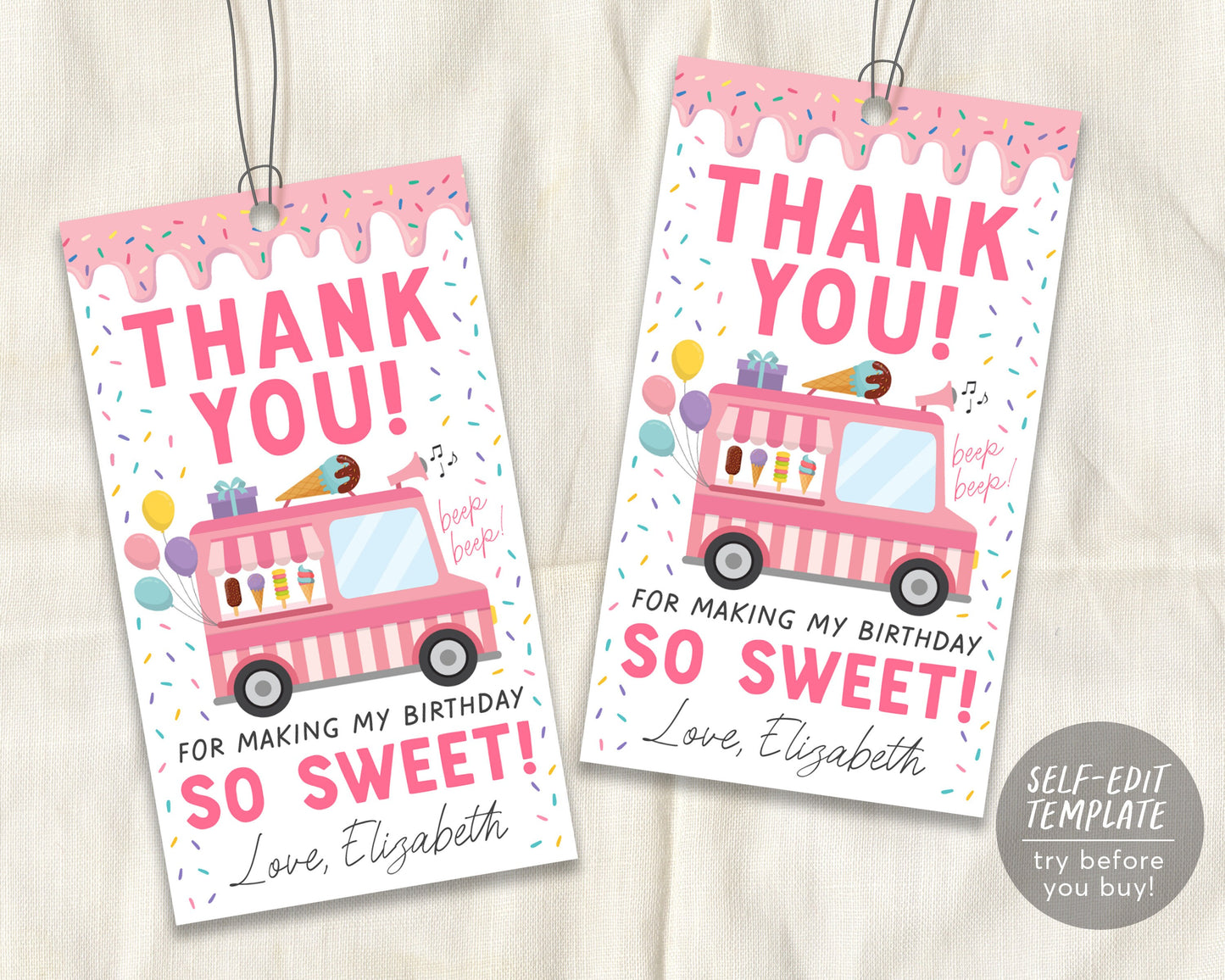 Ice Cream Birthday Party Thank You Gift Tag Editable Template, Ice Cream Truck Sweet Scoop Summer Favor Tags Printable, Instant Download