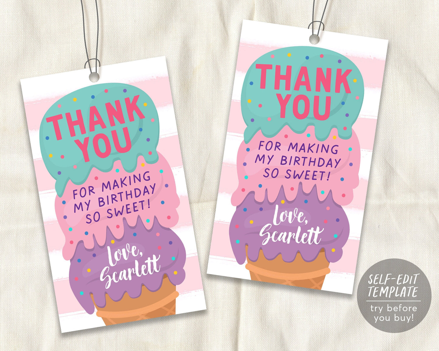 Ice Cream Birthday Party Thank You Gift Tag Editable Template, Ice Cream Sweet One Girl Summer Favor Tags Printable, Instant Download
