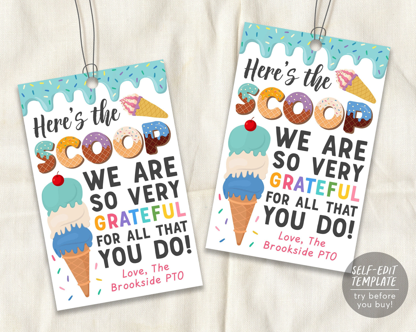 Ice Cream Thank You Gift Tags Editable Template, Here's The Scoop Teacher PTO PTA Staff Nurse School Employee Appreciation Week Favor Tag