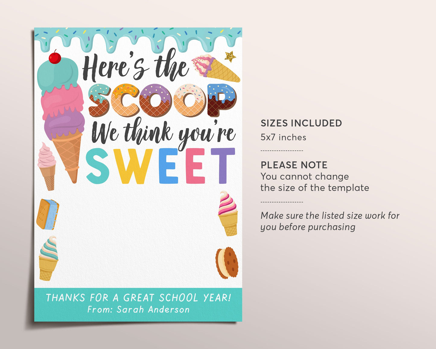Here's The Scoop Ice Cream Gift Card Holder Editable Template, Last Day of School End Of School Gift, Teacher Staff PTO PTA Appreciation