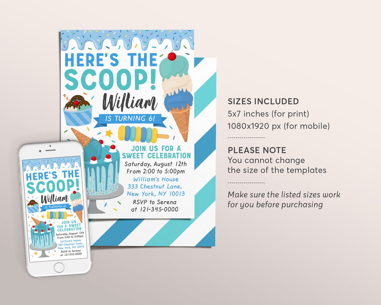 Ice Cream Birthday Party Invitation Editable Template, Ice Cream Cone Cake Sweet One Summer Invite, Birthday Boy Unisex Blue Evite