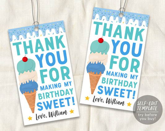 Ice Cream Birthday Party Thank You Gift Tag Editable Template, Ice Cream Sweet One Boy Unisex Summer Favor Tags Printable, Instant Download