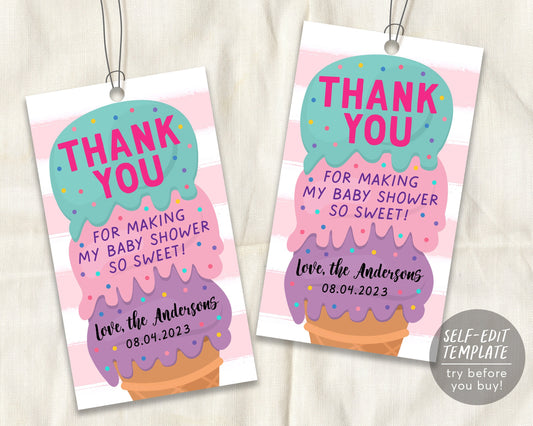 Ice Cream Baby Shower Favor Tags Editable Template, Thank You Baby Sprinkle Gift Tag Printable, Summer Here's The Scoop Instant Download