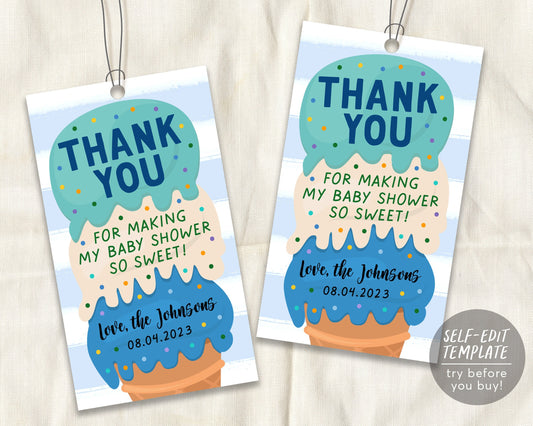 Ice Cream Baby Shower Favor Tags Editable Template, Thank You Baby Sprinkle Gift Tag Printable, Summer Here's The Scoop Instant Download