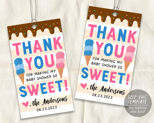 Ice Cream Baby Shower Favor Tags Editable Template, Thank You Gender Reveal Baby Sprinkle Gift Tag Printable, Summer Unisex Instant Download