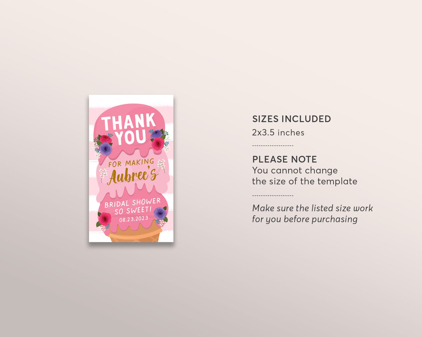 Ice Cream Bridal Shower Favor Tags Editable Template, Summer Brunch Bridal Shower Thank You Floral Gift Tag Printable, Here's The Scoop