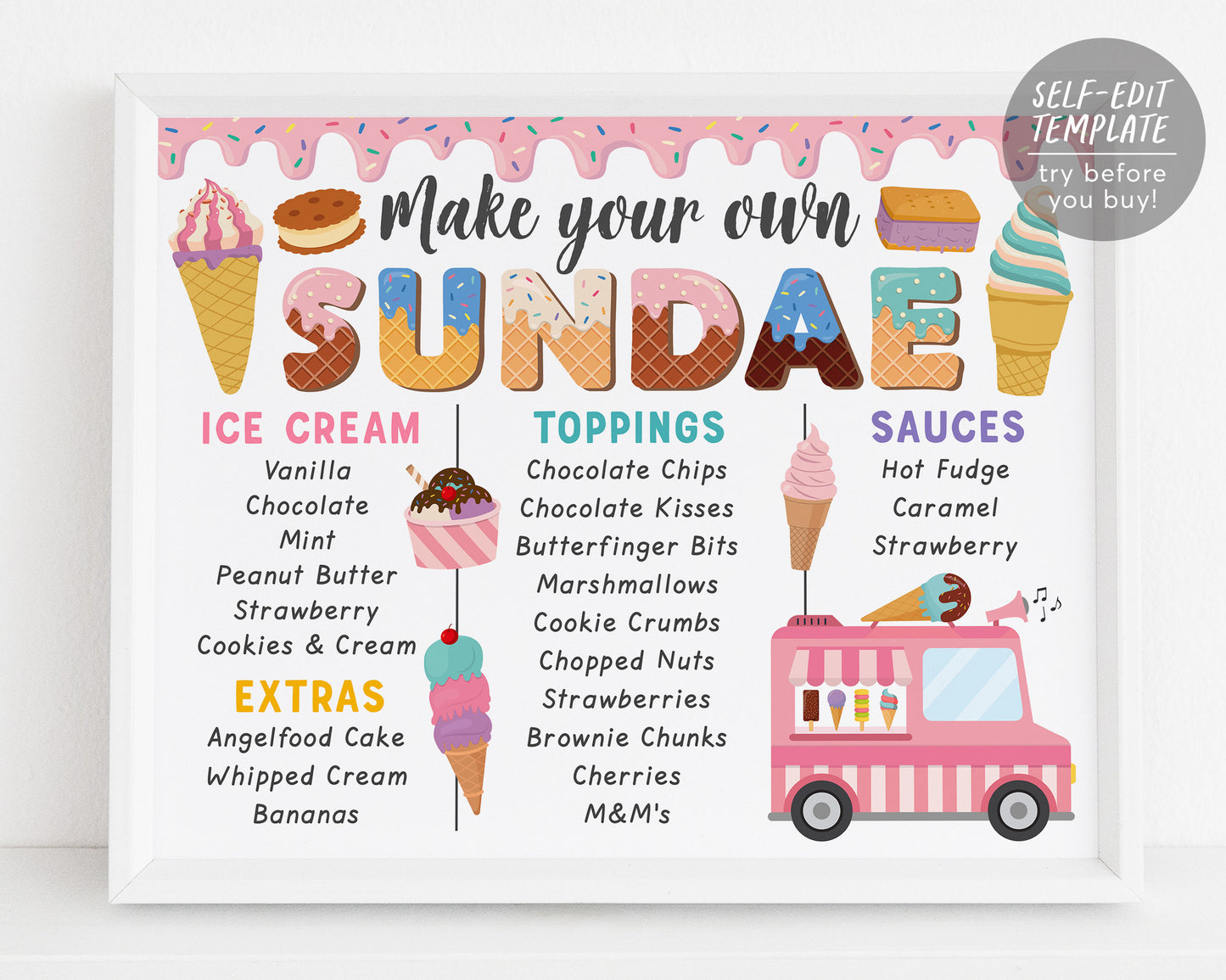 Make Your Own Sundae Menu Sign Editable Template, Ice Cream Girl Birthday Party Decorations Poster Bridal Shower Baby Shower Decor Printable