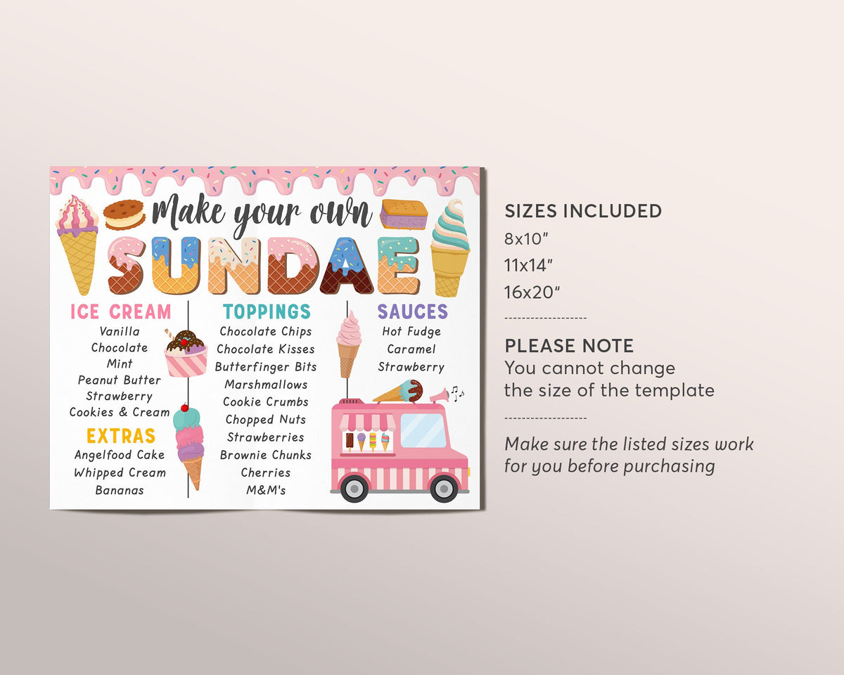 Sundae Menu Make Your Own Sundae Menu Sign Editable Template, Ice Cream Girl Birth ...