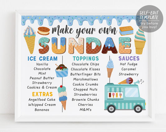 Make Your Own Sundae Menu Sign Editable Template, Ice Cream Boy Birthday Party Decorations Poster Bridal Shower Baby Shower Decor Printable