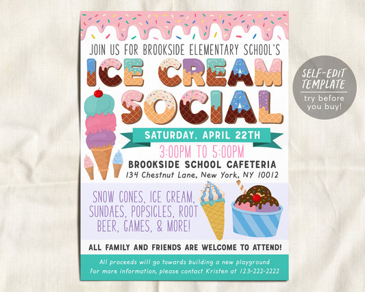 Ice Cream Social Flyer Editable Template, Teacher Appreciation Week, Summer Ice Cream Fundraiser Poster School, Church PTA PTO Printable