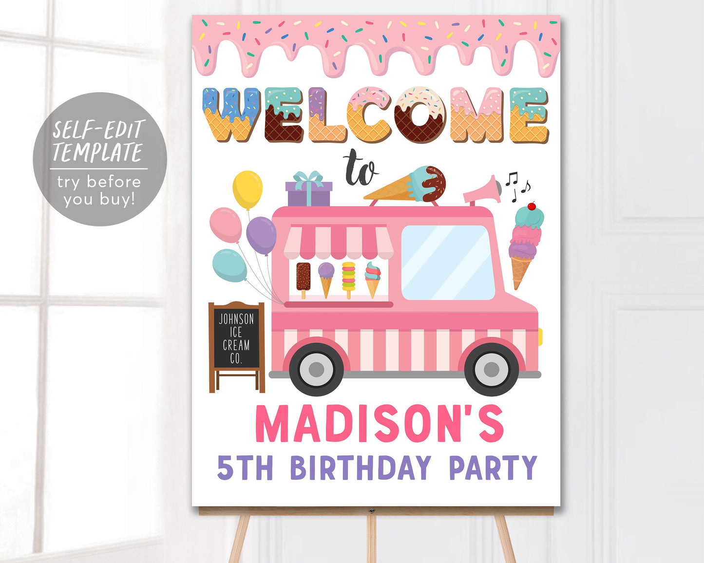 Ice Cream Truck Birthday Party Welcome Sign Editable Template, Girl Summer Sprinkles Here's the Scoop Poster Decor Pink Blush Party Balloons