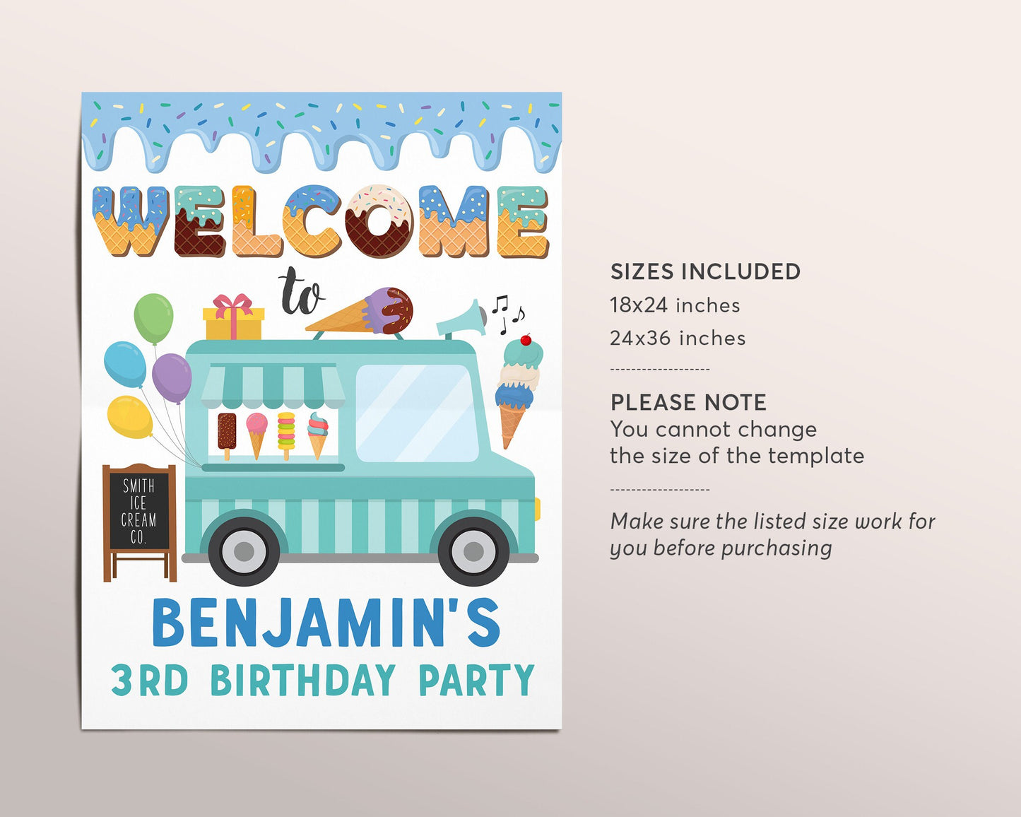 Ice Cream Truck Birthday Party Welcome Sign Editable Template, Boy Summer Sprinkles Here's the Scoop Poster Decor Pink Blush Party Balloons