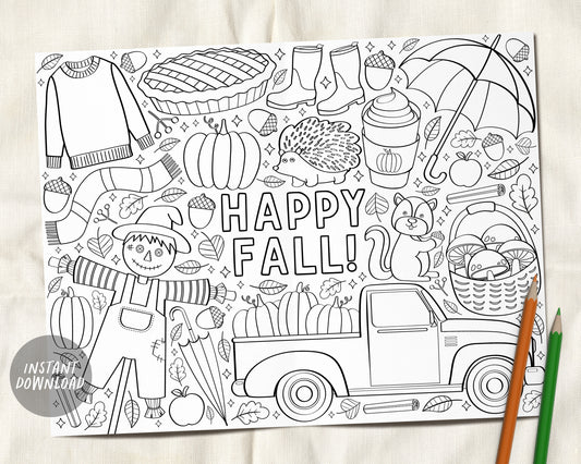 Fall Autumn Coloring Page Placemat For Kids And Adults, Pumpkin Harvest Craft Activity Party Sheet Printable Coloring Sheet Instant Download