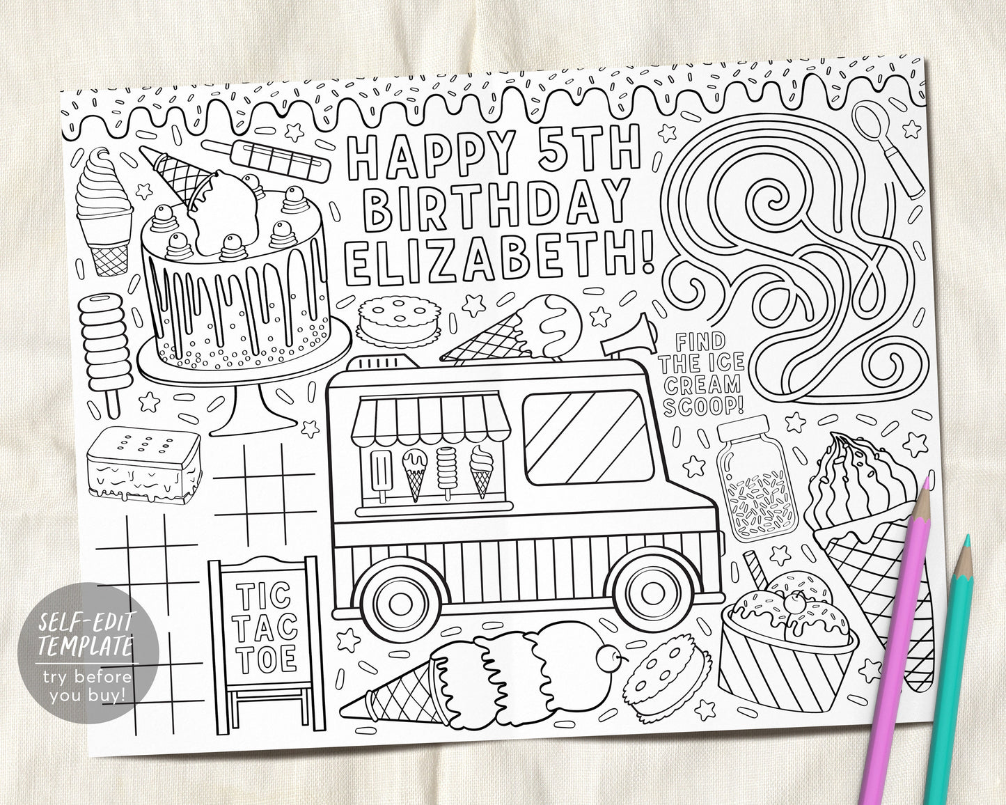 Ice Cream Birthday Party Coloring Placemat For Kids Editable Template, Ice Cream Truck Summer Party Coloring Page Sheet Table Mat Activity