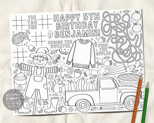 Fall Autumn Birthday Party Coloring Placemat For Kids Editable Template, Pumpkin Harvest Craft Activity Party Coloring Sheet Page Printable