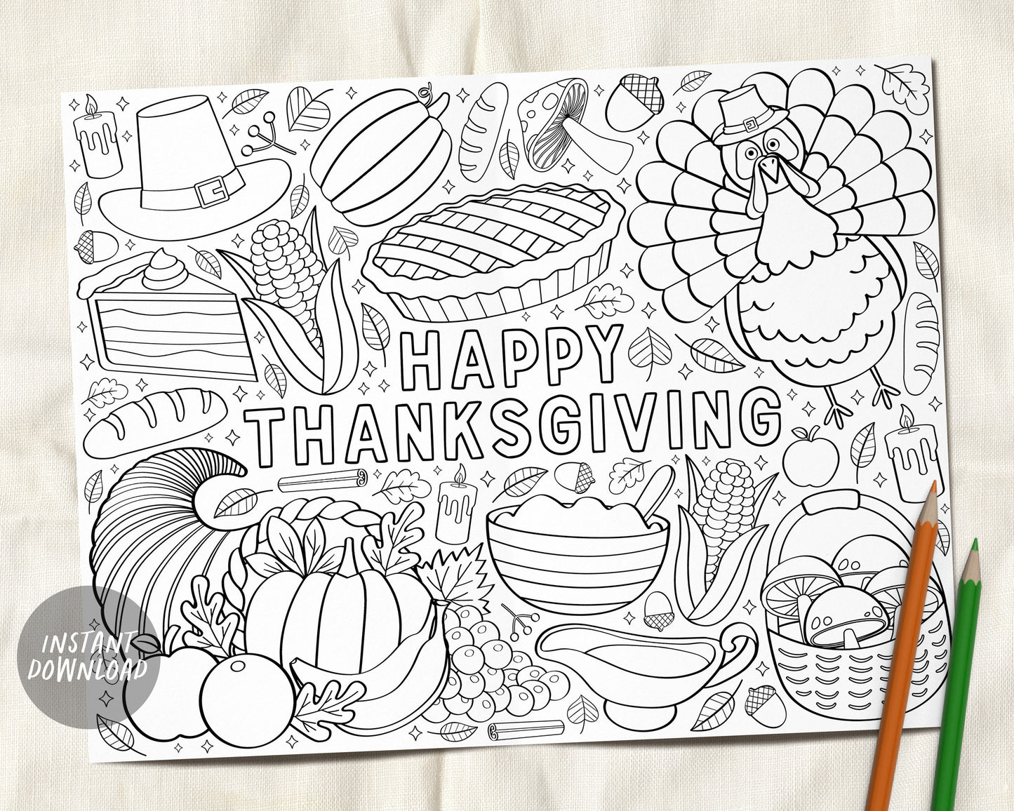 Thanksgiving Coloring Pages Placemat For Kids And Adults, Fall Autumn Classroom Craft Activity Party Sheet Printable, Instant Download