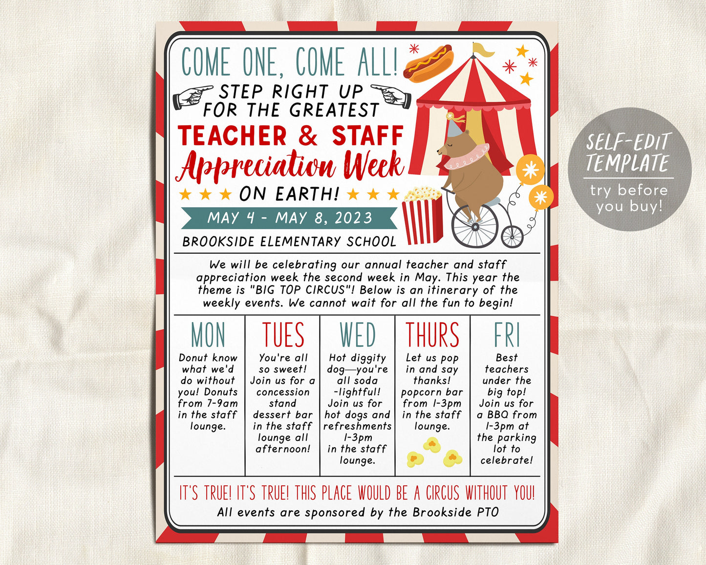 Circus Theme Teacher Appreciation Week Schedule Editable Template