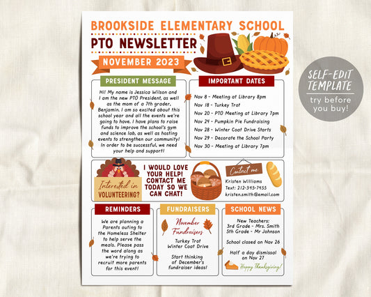 November PTO PTA Newsletter Flyer Editable Template, Back to School Meeting Agenda Printable Handout, Seasonal Fall School Year Classroom