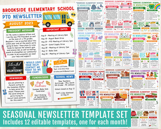 Yearly PTO PTA Newsletter Editable Template BUNDLE Set, Classroom Printable Handout Flyer, Seasonal School Year Meeting Agenda Organizer