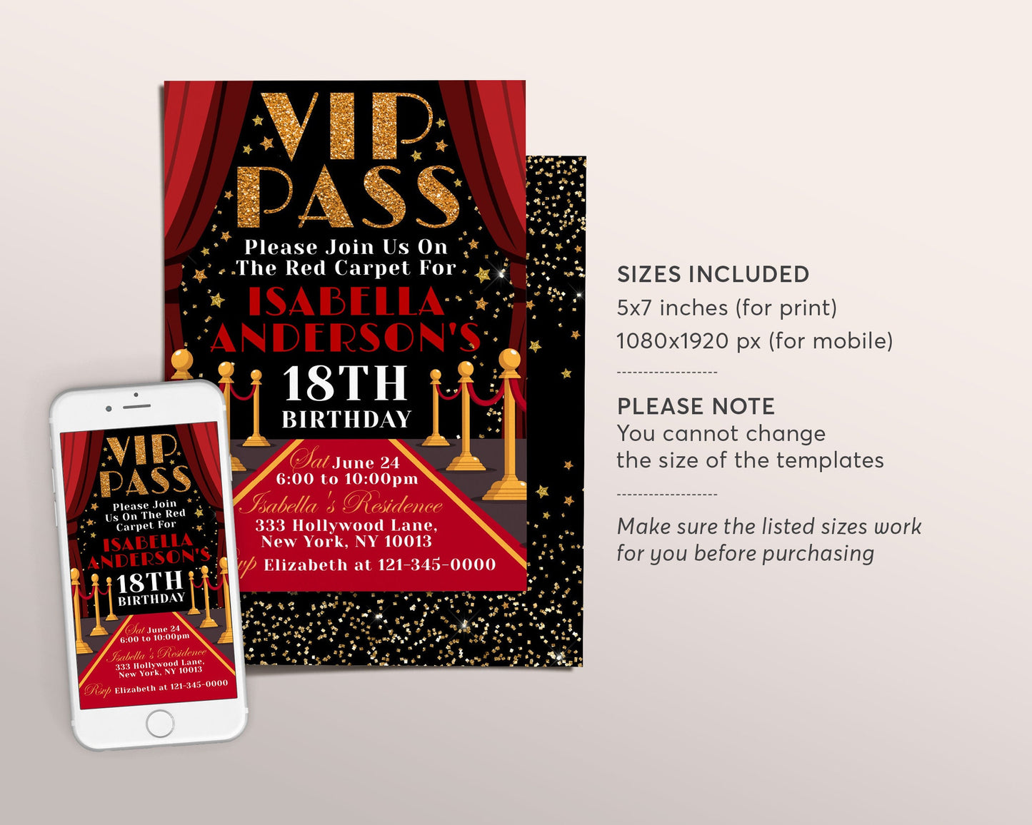 VIP Pass Birthday Invitation Editable Template, Hollywood Red Carpet Invite, Movie Star Glam Party Quinceanera, 18th Birthday Gold Black Red