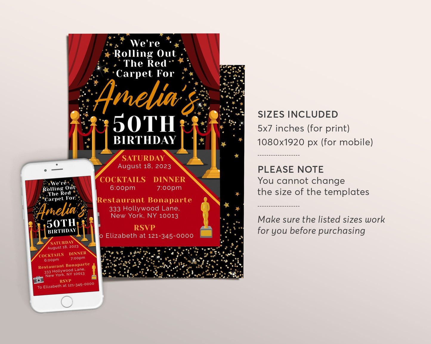 Red Carpet Birthday Invitation Editable Template, Adult VIP Hollywood Party Invite, Movie Star Glam Party, 50th 60th Birthday Gold Black Red