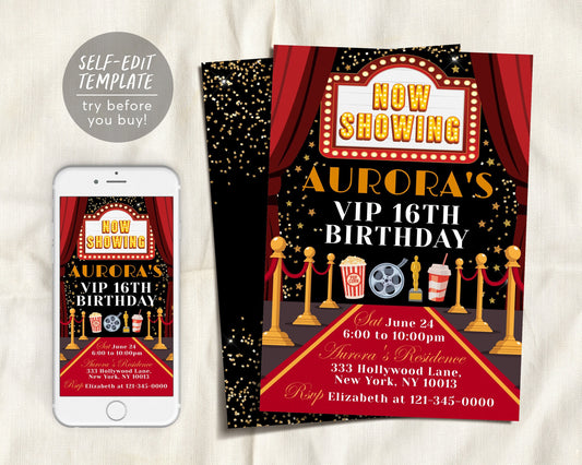 Red Carpet Movie Night Ticket Birthday Invitation Editable Template, Hollywood Star VIP Pass Glam Party Popcorn Invite, 16th Birthday