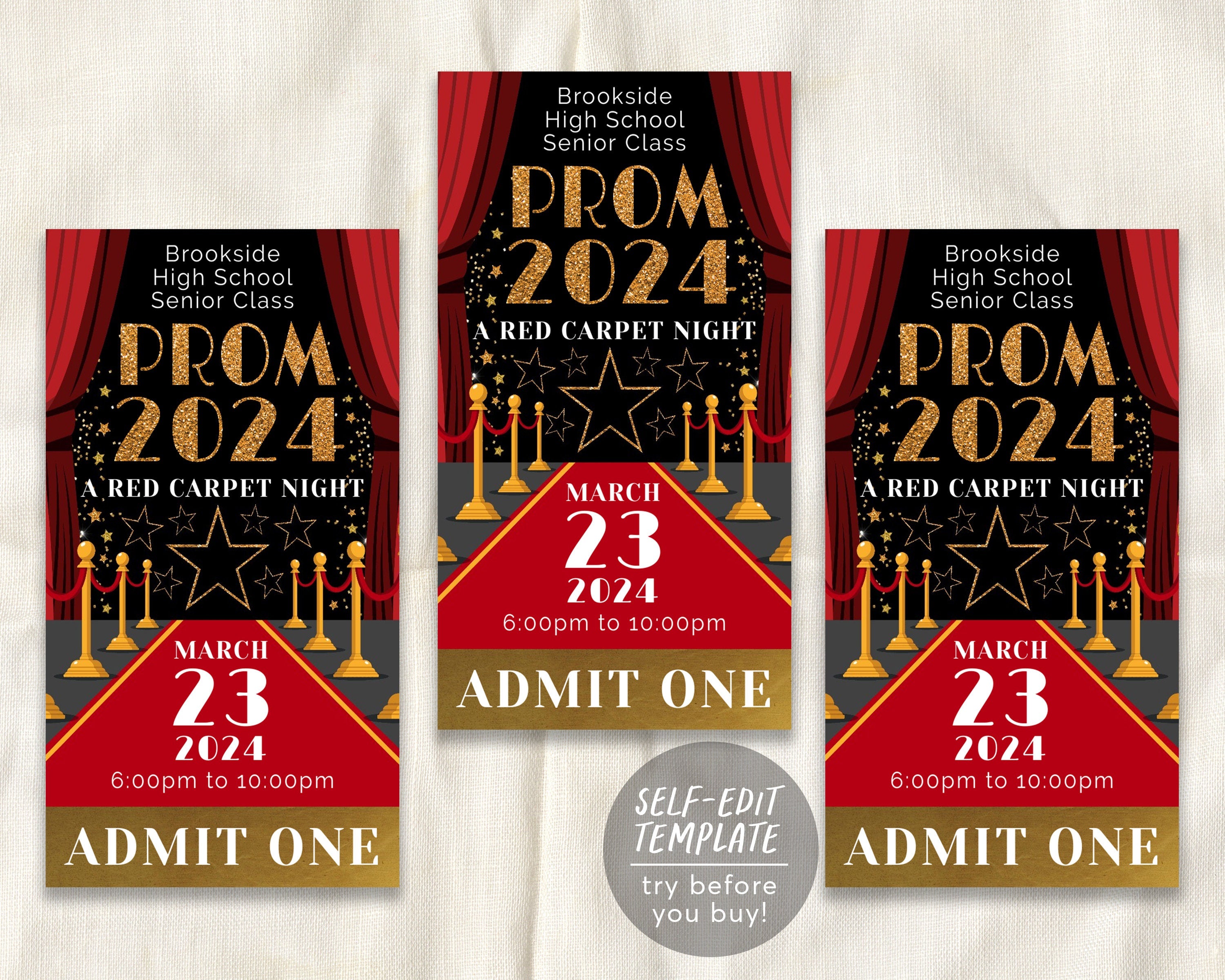 Red Carpet Prom School Dance Tickets Editable Template, Homecoming Hol ...