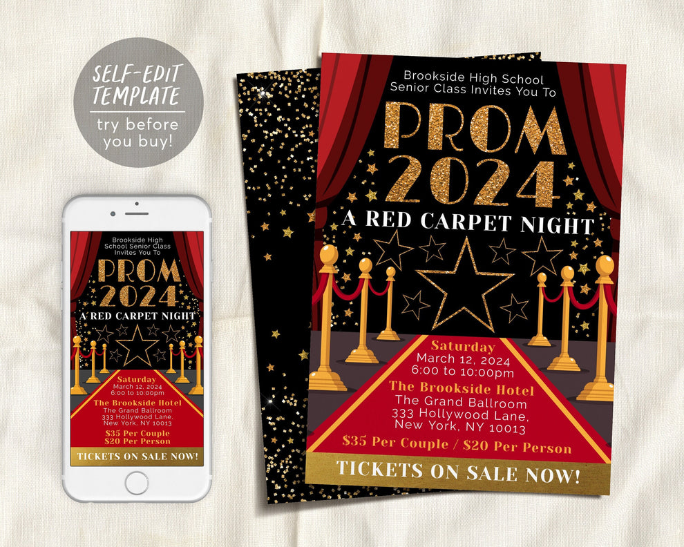 Red Carpet Prom School Dance Invitation Editable Template, Homecoming ...