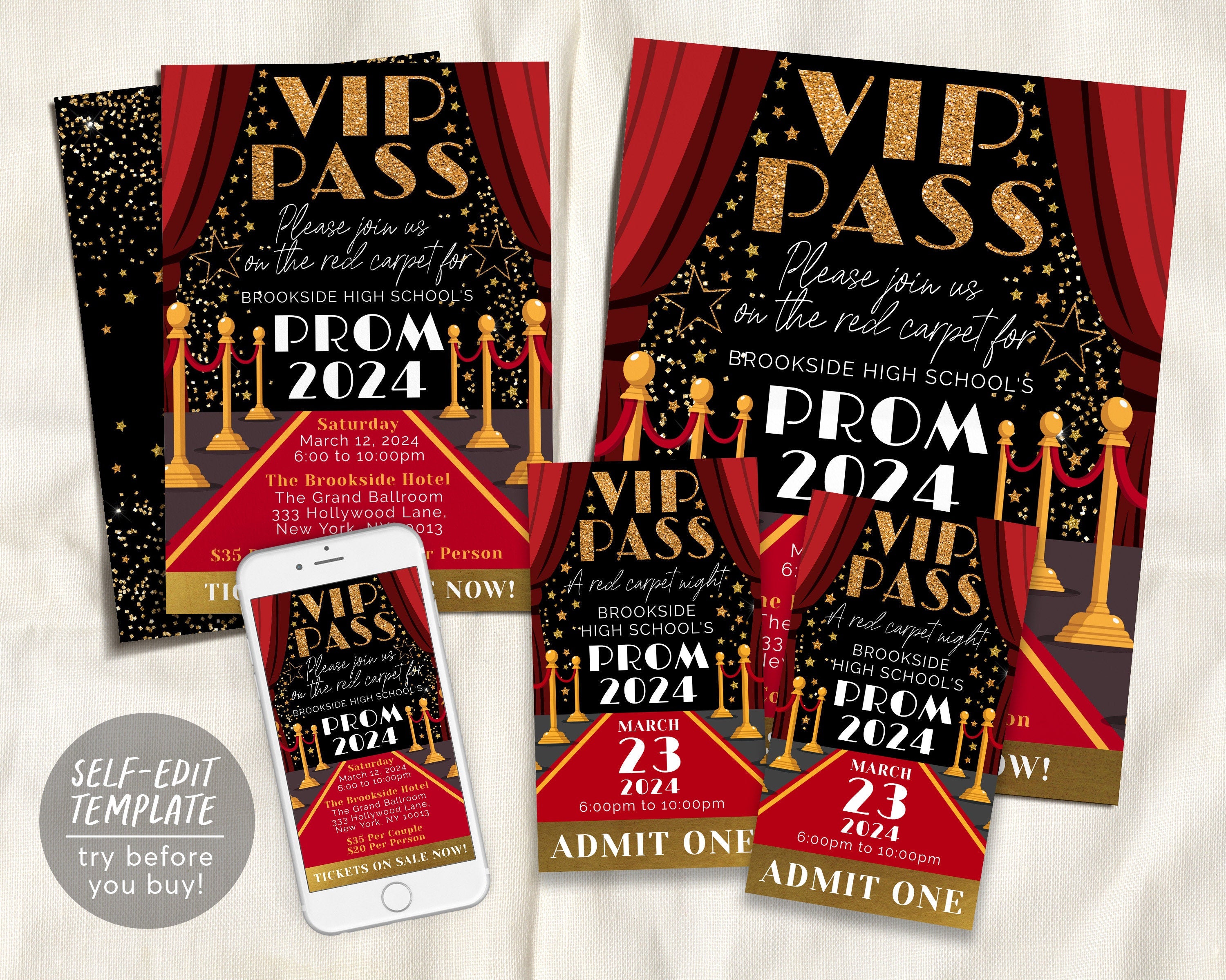 VIP Pass Prom Dance BUNDLE Set Editable Template, Red Carpet Access Se ...