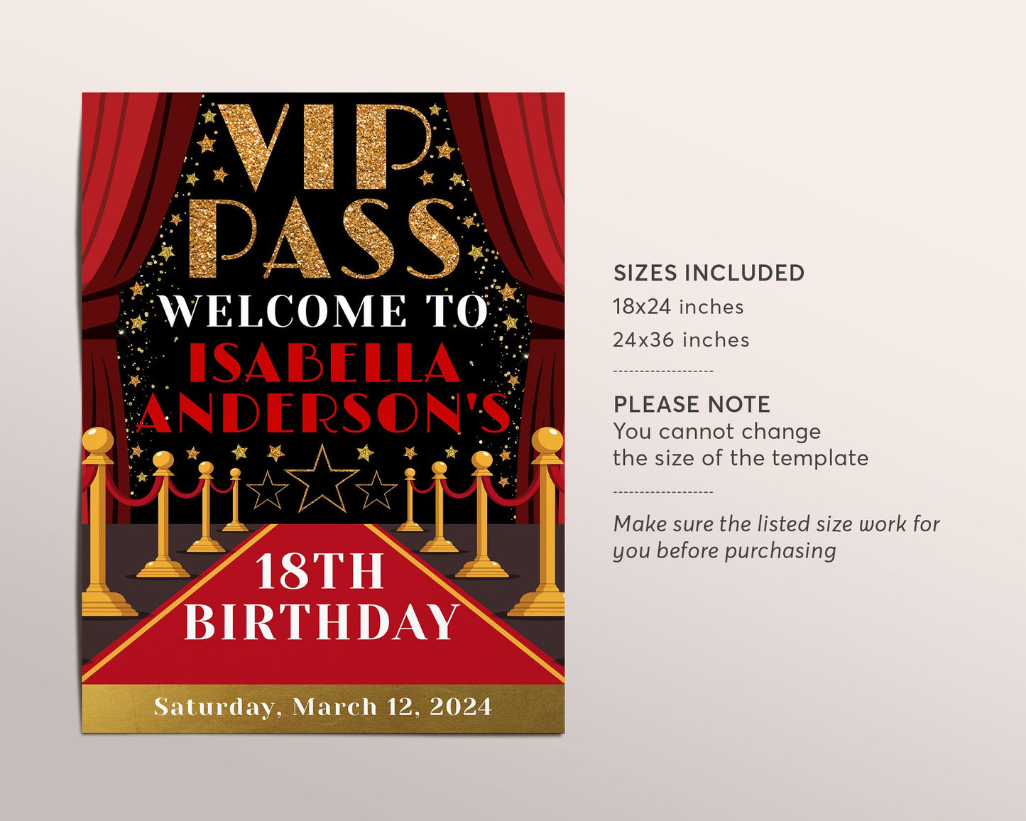VIP Pass Birthday Welcome Sign Editable Template, Red Carpet Hollywood Theme Party Poster, VIP Access Sweet 16 18th Birthday Decor Printable