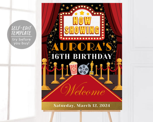 Red Carpet Movie Night Birthday Welcome Sign Editable Template, Hollywood Theme Party Poster VIP Access Sweet 16 18th Birthday Decor