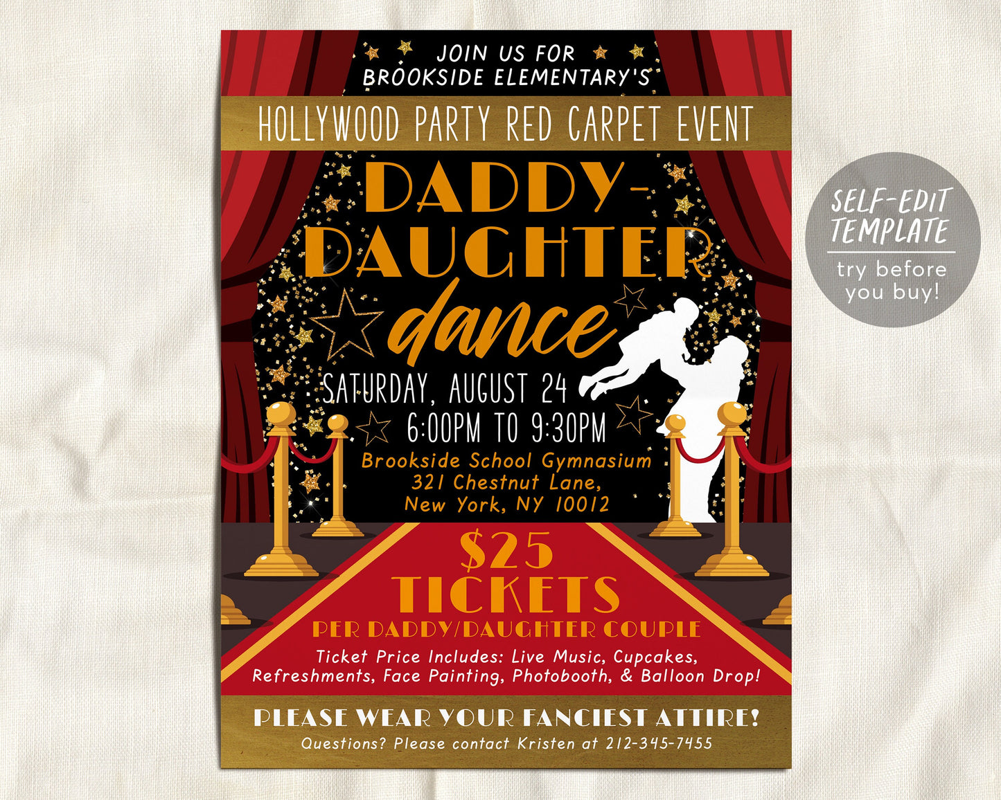 Daddy Daughter Dance School Flyer Editable Template, Hollywood Red Carpet Event Invitation Invite Printable, PTO PTA Church Community Event