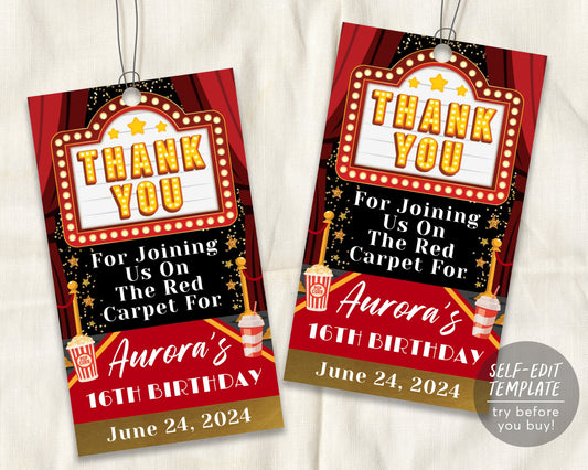 Red Carpet Movie Night Thank You Tags Editable Template, Hollywood VIP Access Pass Favor Tag, Movie Star Glam Party Sweet 16, 18th Birthday