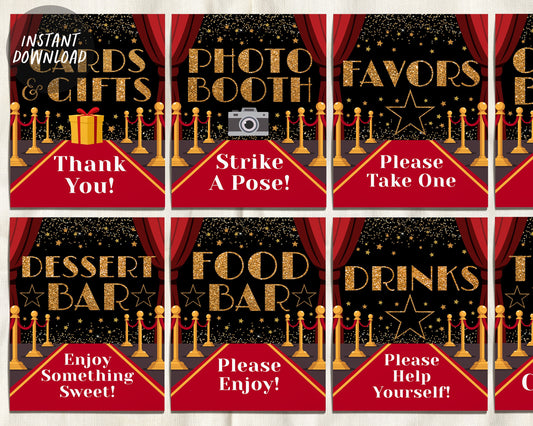 Red Carpet Birthday Baby Shower Prom Signs BUNDLE, Hollywood Theme VIP Access Food Dessert Bar Drinks Photo Booth Thank You Poster Printable