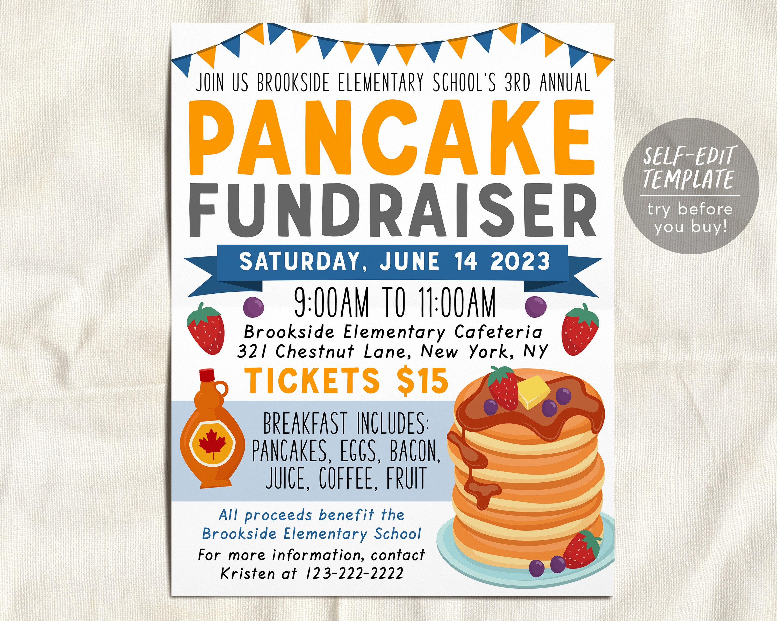 Pancake Breakfast Fundraiser Flyer Editable Template, Flapjacks Brunch ...