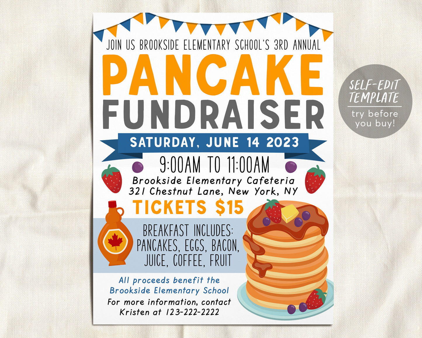 Pancake Breakfast Fundraiser Flyer Editable Template