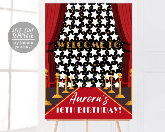Red Carpet Birthday Party Guest Book Alternative Editable Template, VIP Access Pass Hollywood Movie Guestbook Welcome Sign a Star Printable