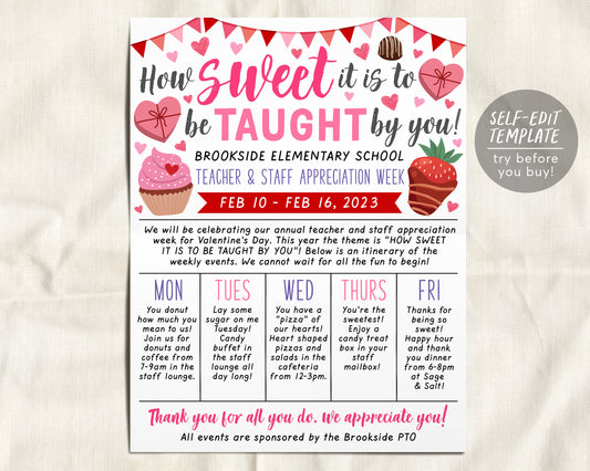 Valentine&#39;s Day Theme Teacher Staff Appreciation Week Itinerary Flyer Editable Template