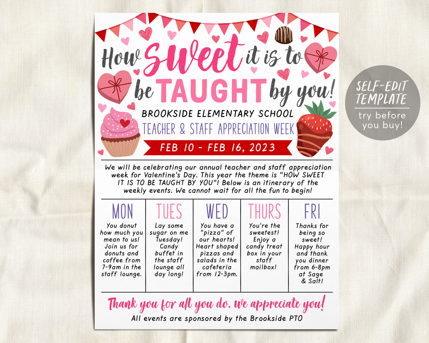 Valentine&#39;s Day Theme Teacher Staff Appreciation Week Itinerary Flyer Editable Template