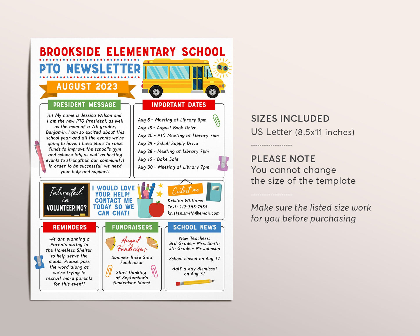 August PTO PTA Newsletter Flyer Editable Template, Summer Back To School Year Flyer Meeting Agenda Organizer Printable Handout Calendar